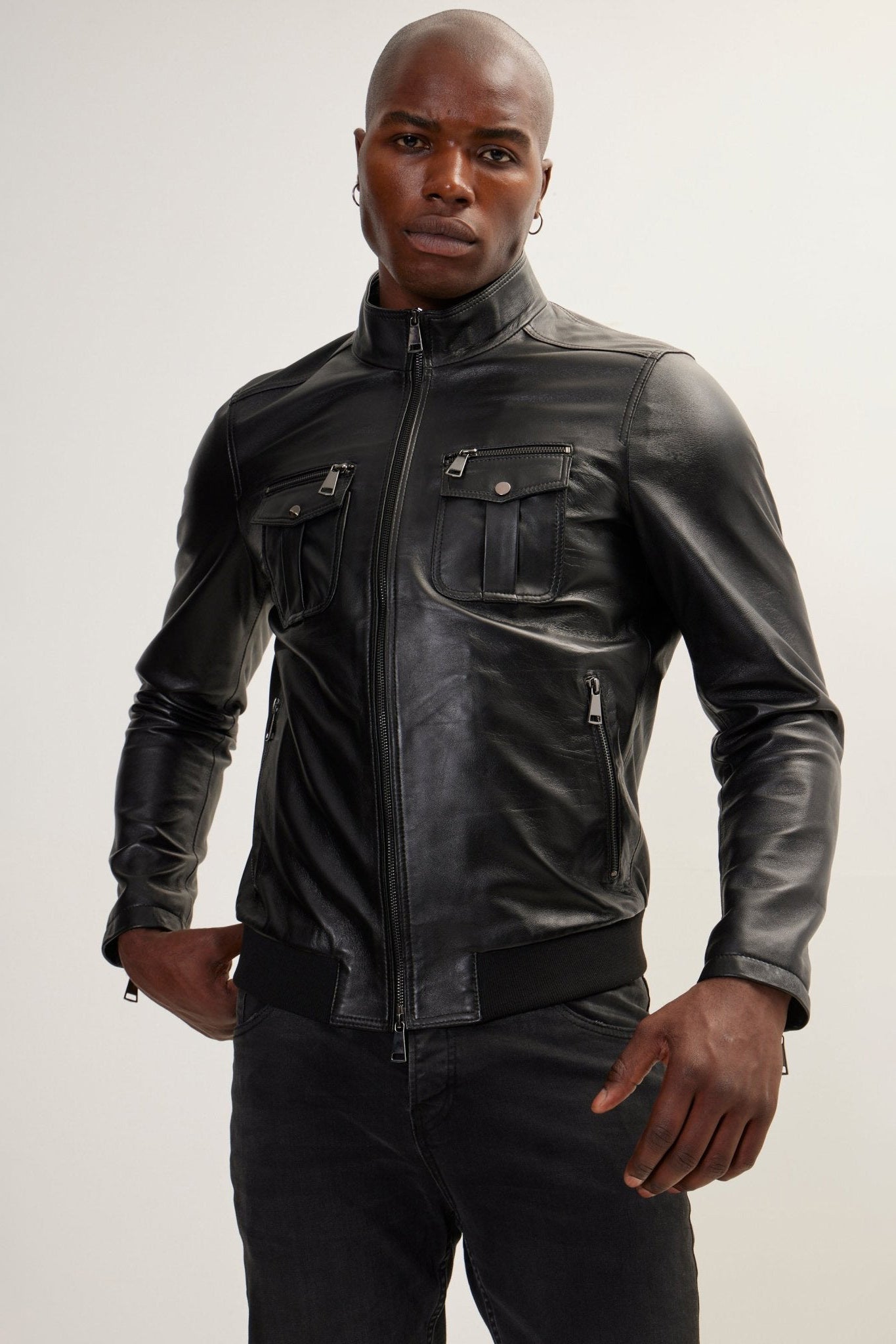 Men's Double Zipper Stand Collar Leather Bomber Jacket - Black