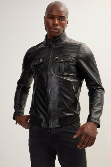 Men's Double Zipper Stand Collar Leather Bomber Jacket - Black | Ron Tomson