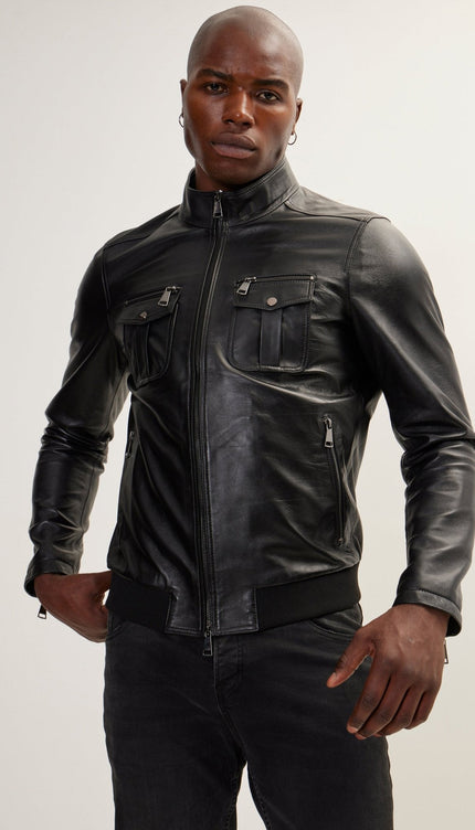 Double Zipper Stand Collar Leather Bomber Jacket - Black