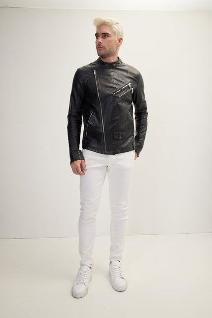 Men's Snake Embossed Leather Cafe Racer - Black | Ron Tomson