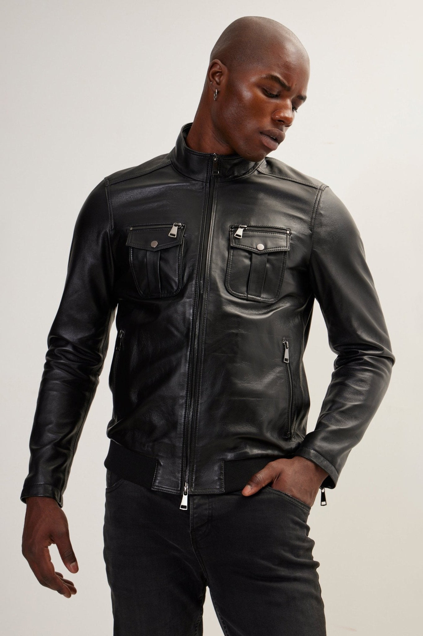 Men's Double Zipper Stand Collar Leather Bomber Jacket - Black