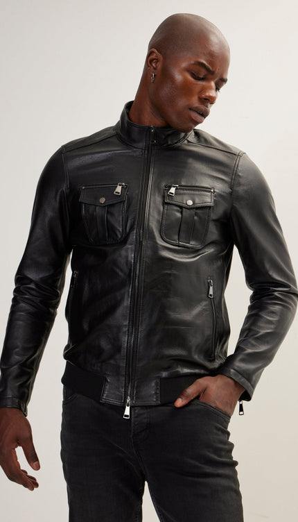 Double Zipper Stand Collar Leather Bomber Jacket - Black