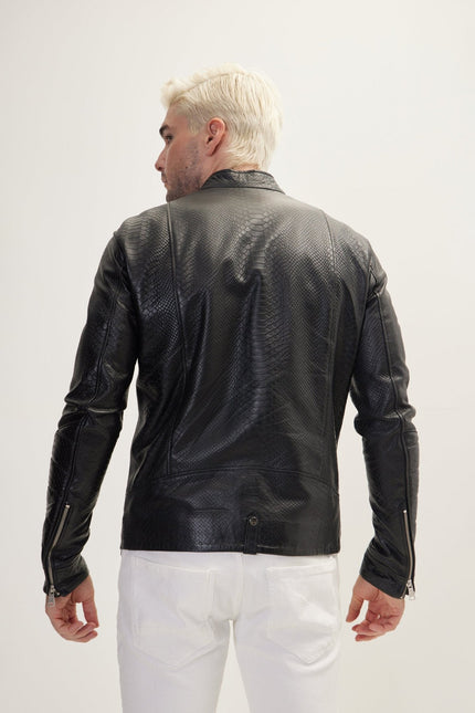 Men's Snake Embossed Leather Cafe Racer - Black | Ron Tomson