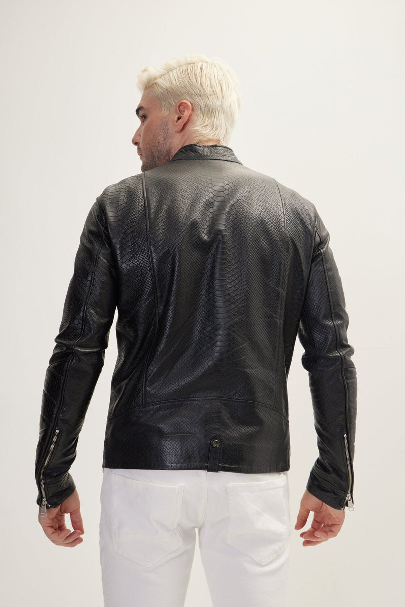 Men's Snake Embossed Leather Cafe Racer - Black | Ron Tomson