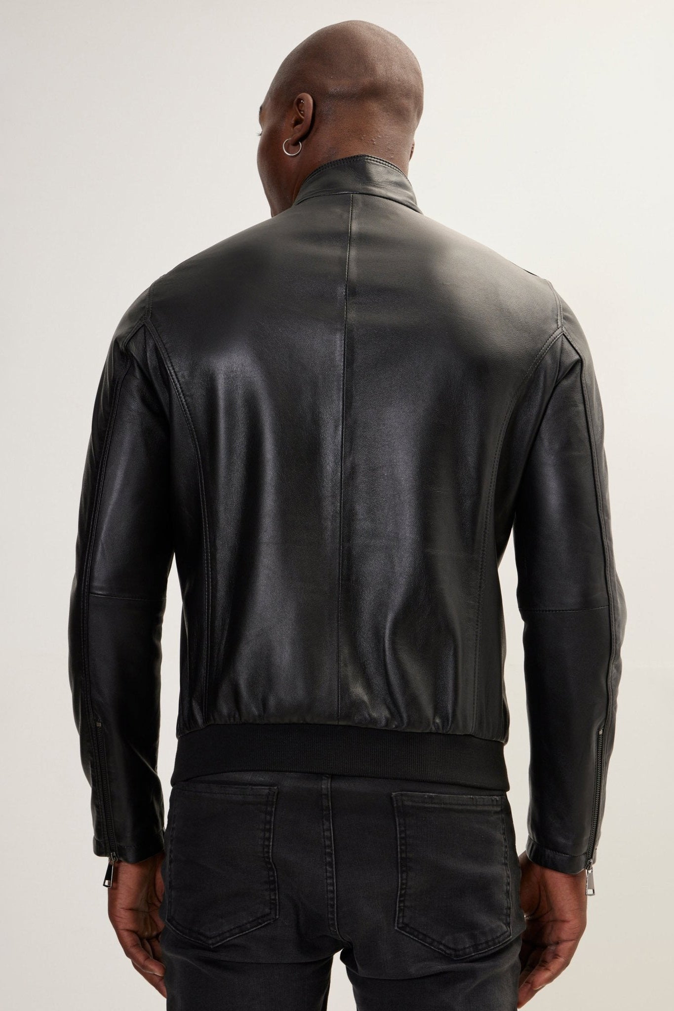 Men's Double Zipper Stand Collar Leather Bomber Jacket - Black