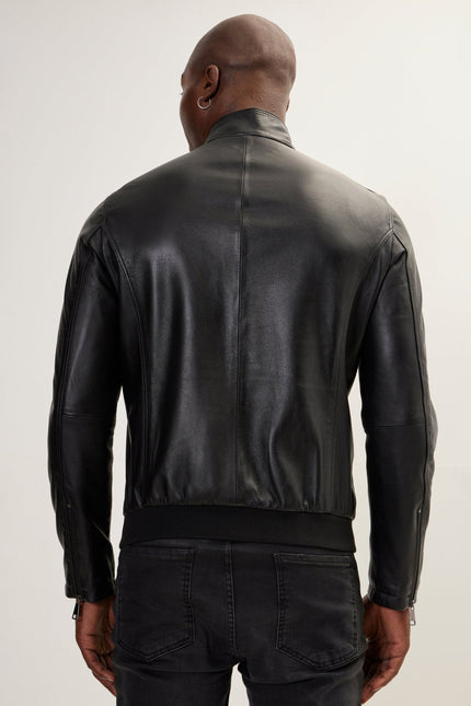 Men's Double Zipper Stand Collar Leather Bomber Jacket - Black | Ron Tomson
