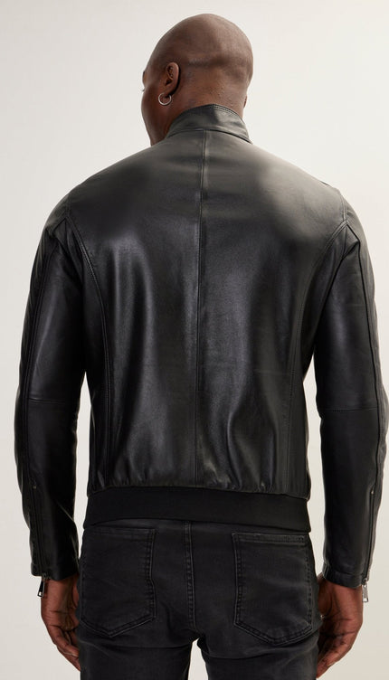 Double Zipper Stand Collar Leather Bomber Jacket - Black