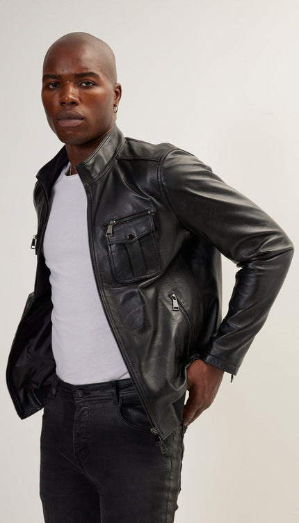 Double Zipper Stand Collar Leather Bomber Jacket - Black