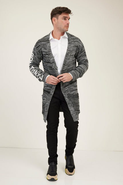 Men's Longline Striped Cardigan - Black Grey | Ron Tomson