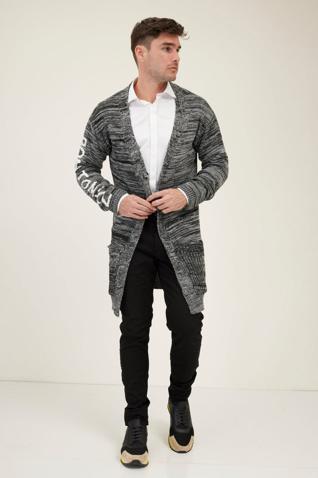 Men's Longline Striped Cardigan - Black Grey | Ron Tomson