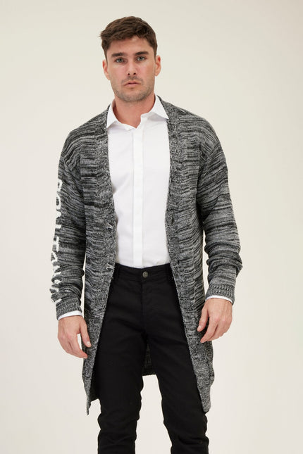 Men's Longline Striped Cardigan - Black Grey | Ron Tomson