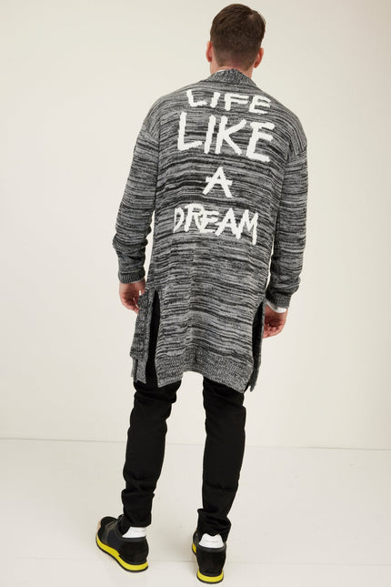 Men's Longline Striped Cardigan - Black Grey | Ron Tomson