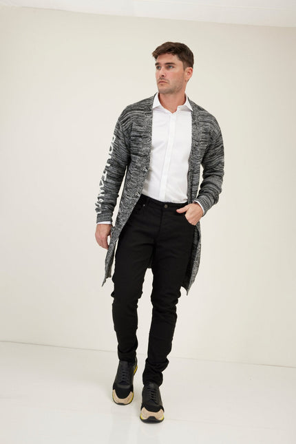 Men's Longline Striped Cardigan - Black Grey | Ron Tomson