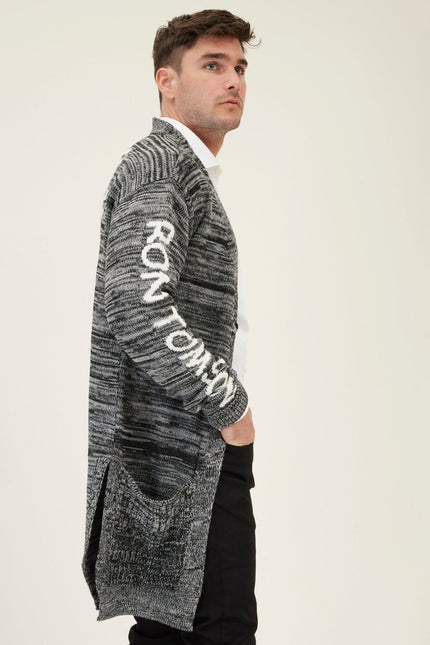 Men's Longline Striped Cardigan - Black Grey | Ron Tomson