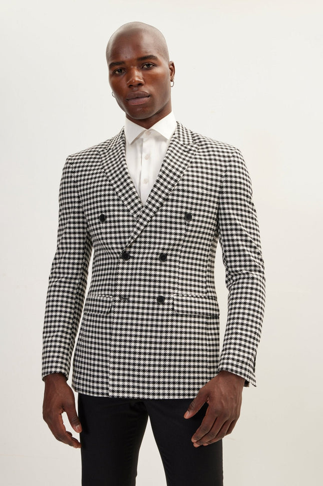 Double-Breasted Houndstooth Suit - Black White