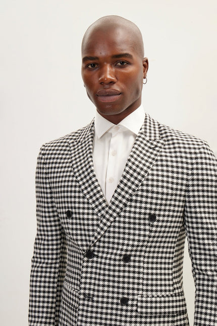 Men's Double-Breasted Houndstooth Suit - Black White | Ron Tomson