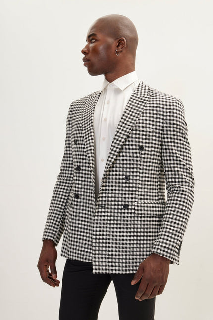 Men's Double-Breasted Houndstooth Suit - Black White | Ron Tomson