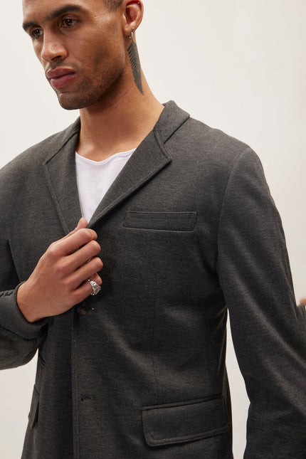 Men's Elastic Cuff And Neck Detail Fitted Blazer - Anthracite | Ron Tomson