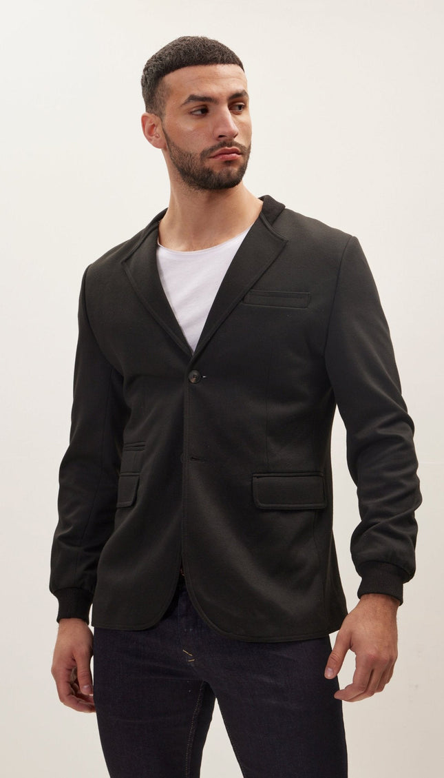 Elastic Cuff And Neck Detail Fitted Blazer - Black