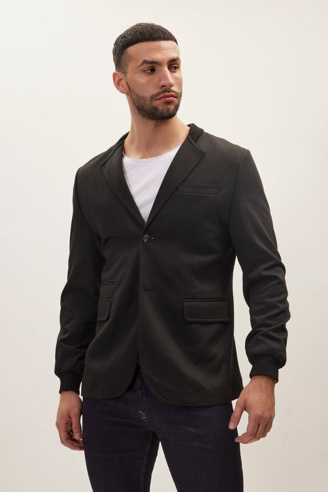 Men's Elastic Cuff And Neck Detail Fitted Blazer - Black | Ron Tomson