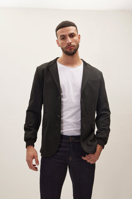 Men's Elastic Cuff And Neck Detail Fitted Blazer - Black | Ron Tomson