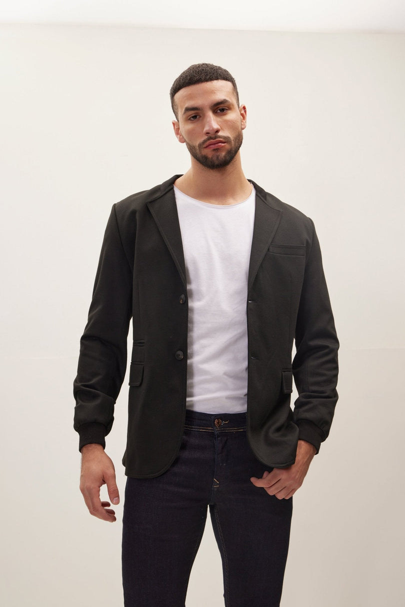 Men's Elastic Cuff And Neck Detail Fitted Blazer - Black | Ron Tomson