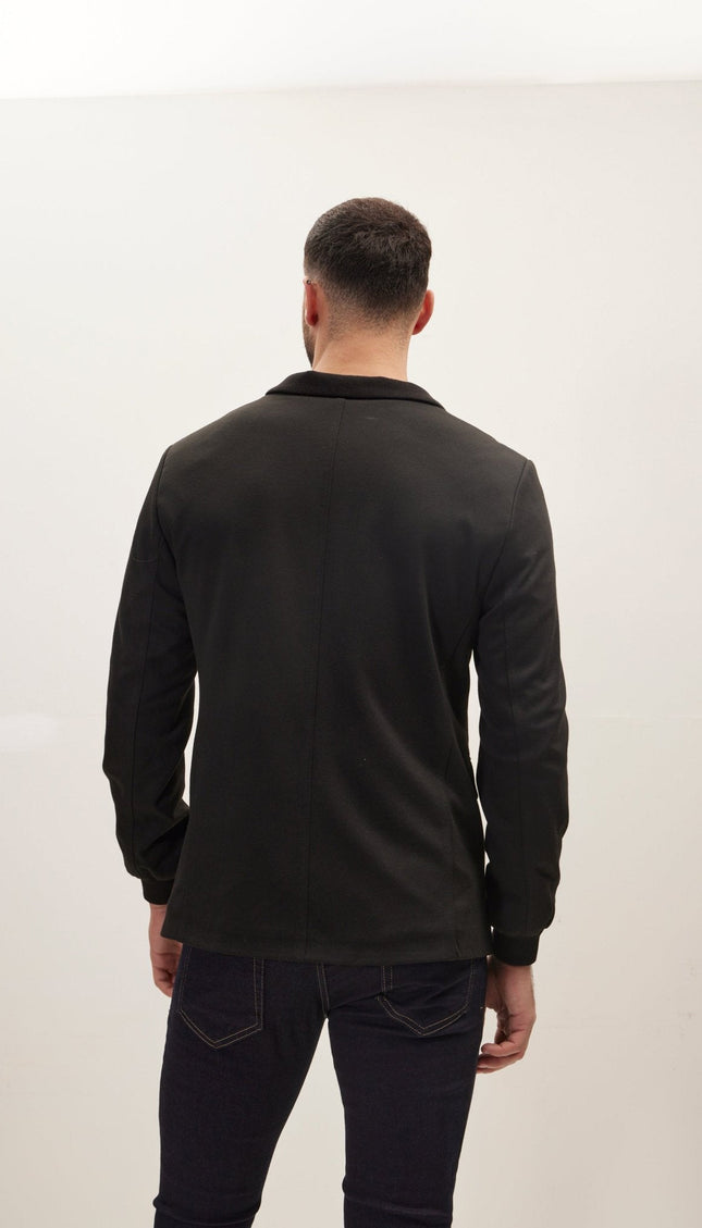 Elastic Cuff And Neck Detail Fitted Blazer - Black