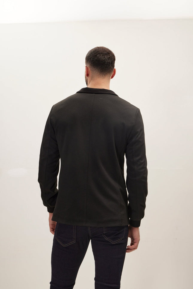 Men's Elastic Cuff And Neck Detail Fitted Blazer - Black | Ron Tomson
