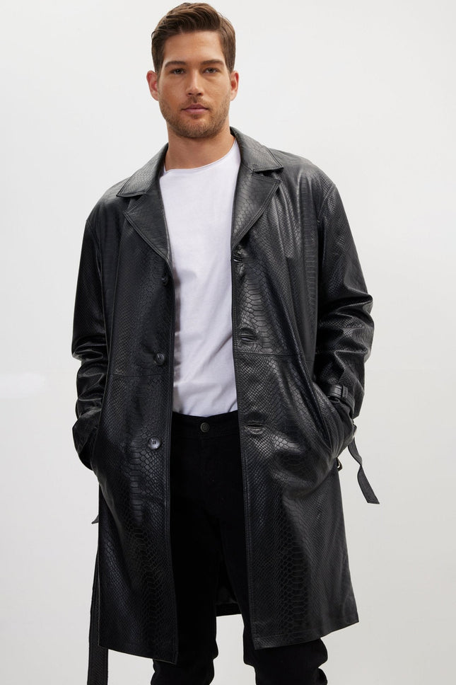 Men's Belted Leather Trench Coat - Black | Ron Tomson