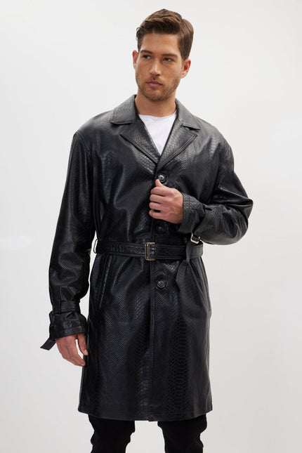 Men's Belted Leather Trench Coat - Black | Ron Tomson