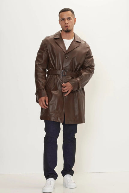 Men's Belted Leather Trench Coat - Dark Brown | Ron Tomson