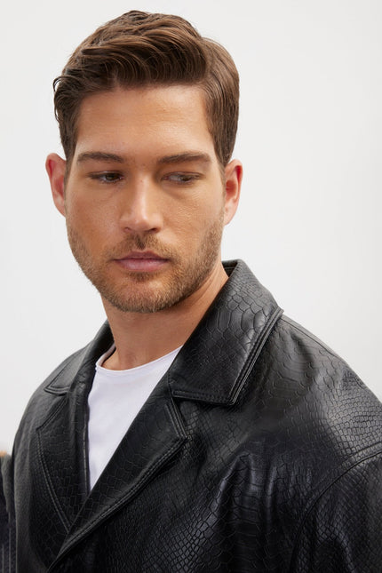 Men's Belted Leather Trench Coat - Black | Ron Tomson