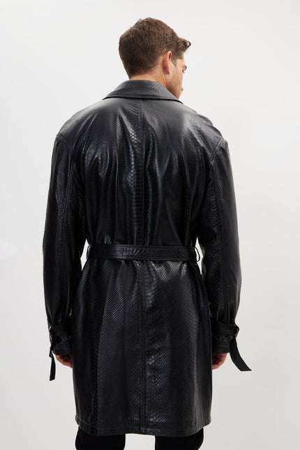 Men's Belted Leather Trench Coat - Black | Ron Tomson