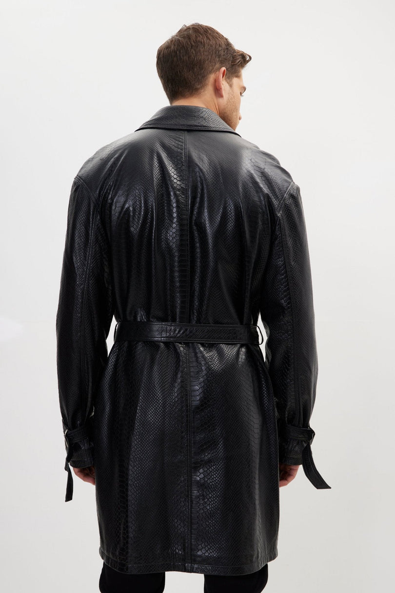 Men's Belted Leather Trench Coat - Black | Ron Tomson