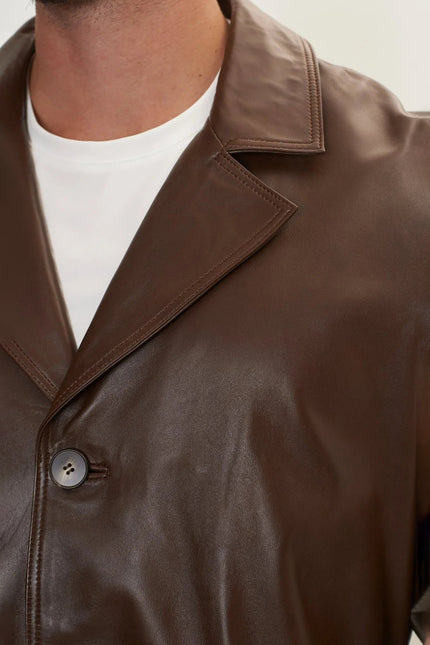 Men's Belted Leather Trench Coat - Dark Brown | Ron Tomson