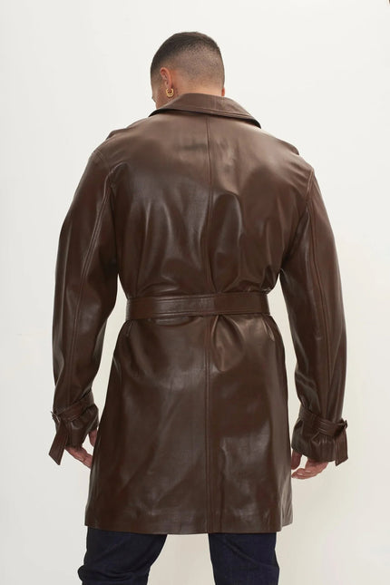 Men's Belted Leather Trench Coat - Dark Brown | Ron Tomson