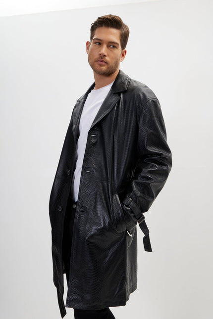 Men's Belted Leather Trench Coat - Black | Ron Tomson