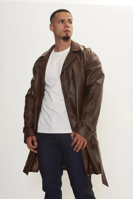 Men's Belted Leather Trench Coat - Dark Brown | Ron Tomson