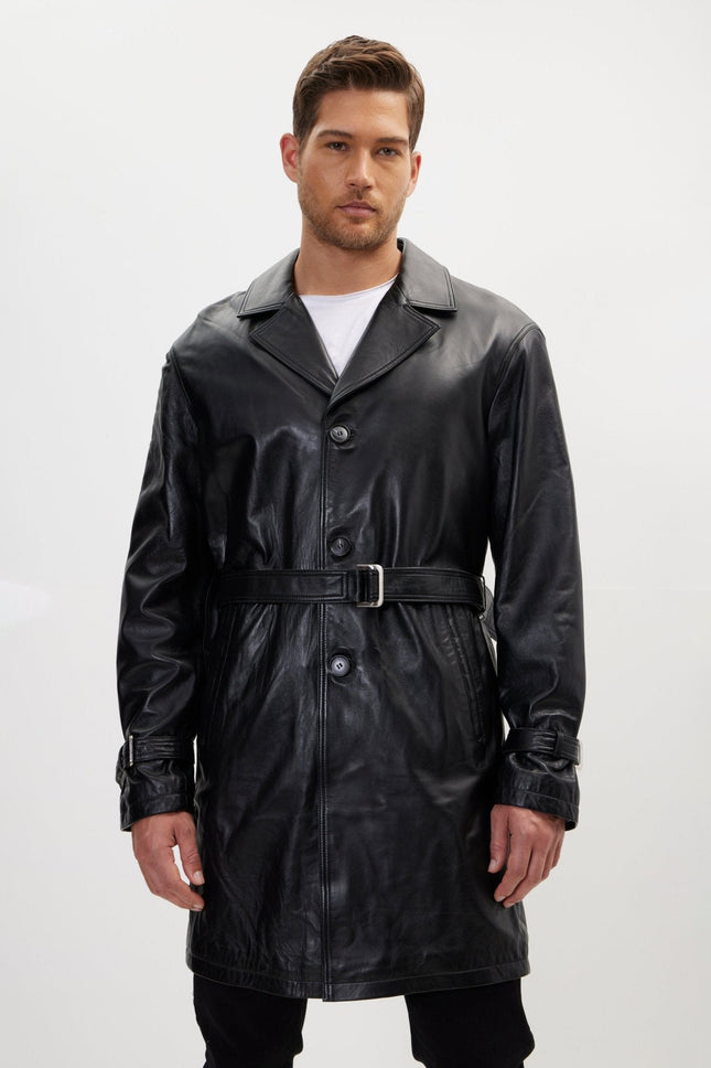 Men's Belted Leather Trench Coat - Black | Ron Tomson