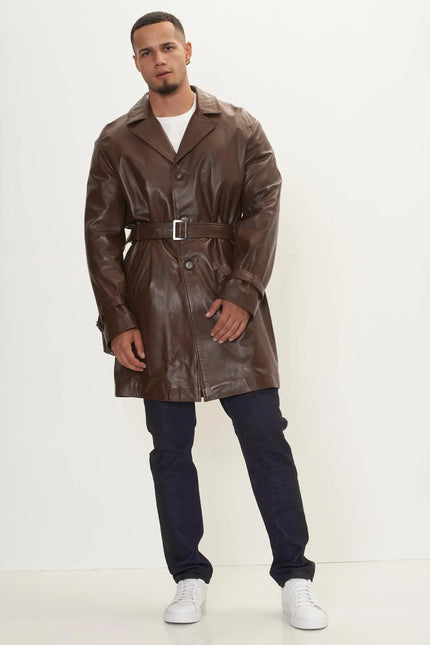 Men's Belted Leather Trench Coat - Dark Brown | Ron Tomson