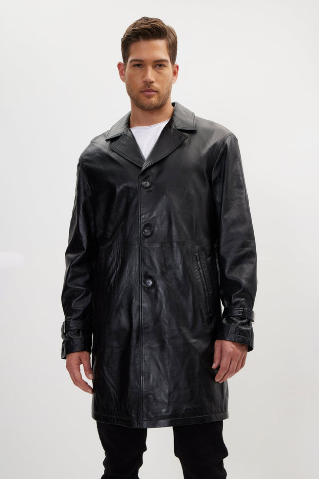 Men's Belted Leather Trench Coat - Black | Ron Tomson