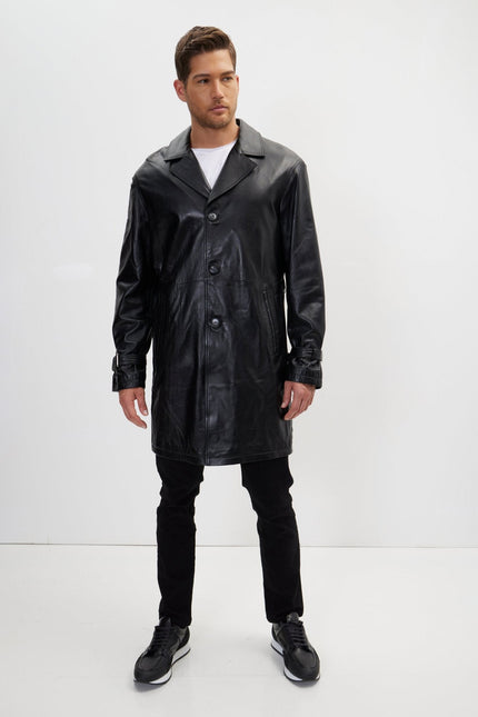 Men's Belted Leather Trench Coat - Black | Ron Tomson