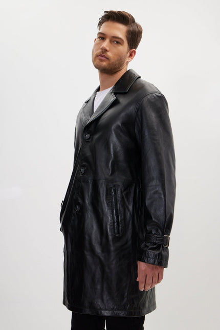 Men's Belted Leather Trench Coat - Black | Ron Tomson