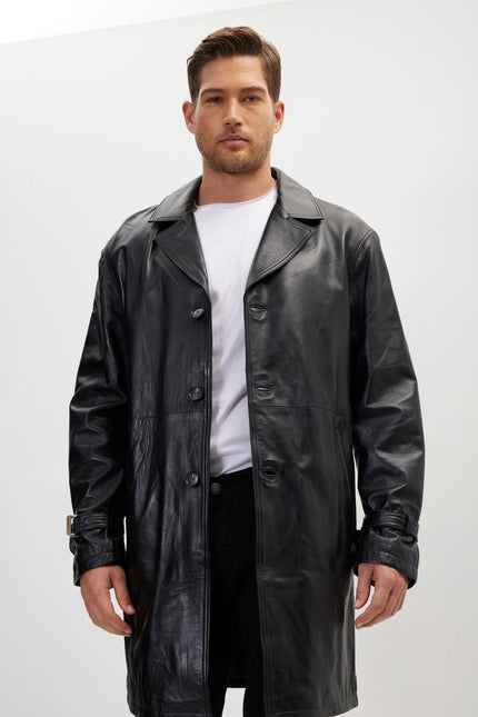 Men's Belted Leather Trench Coat - Black | Ron Tomson