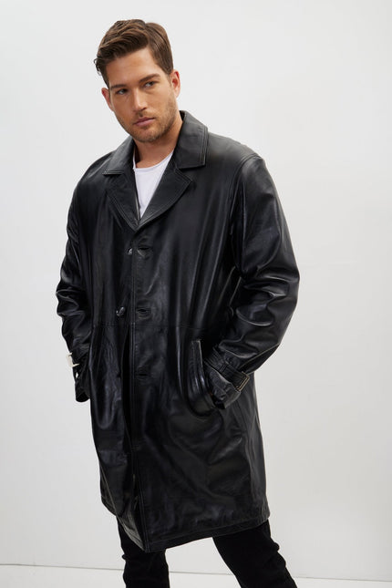 Men's Belted Leather Trench Coat - Black | Ron Tomson