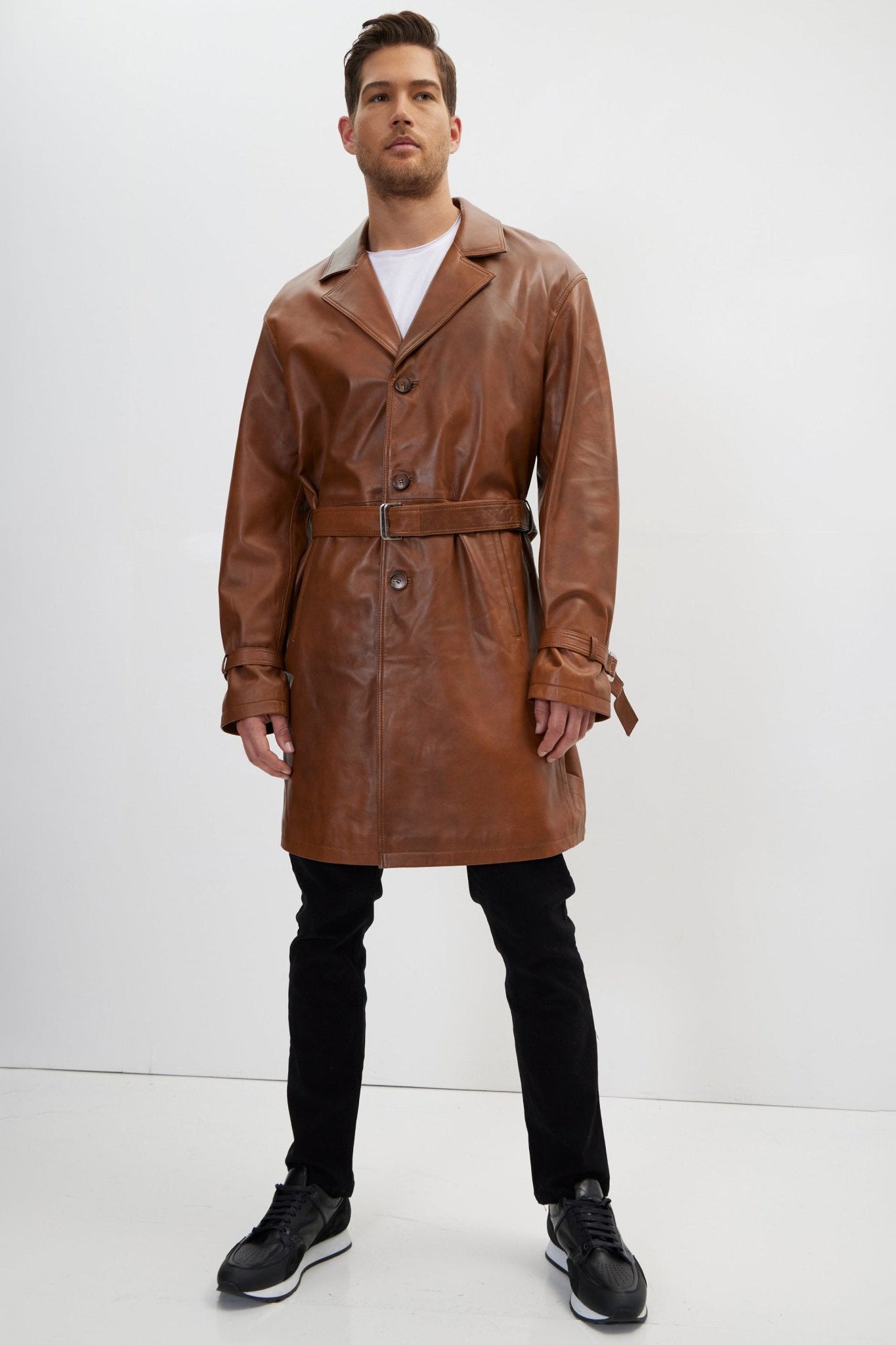 Men's Belted Leather Trench Coat - Cognac | Ron Tomson