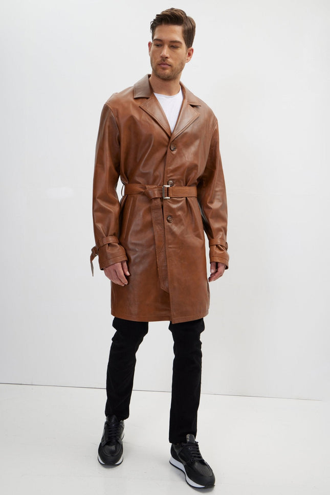 Men's Belted Leather Trench Coat - Cognac | Ron Tomson