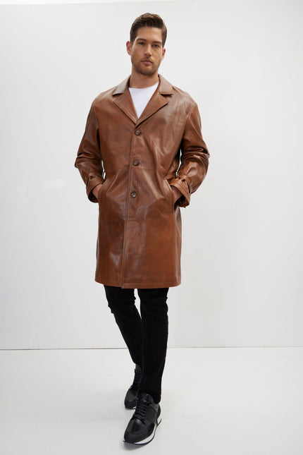 Men's Belted Leather Trench Coat - Cognac | Ron Tomson