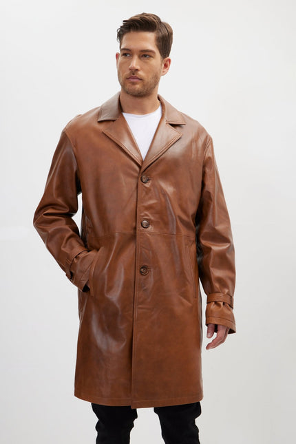 Men's Belted Leather Trench Coat - Cognac | Ron Tomson