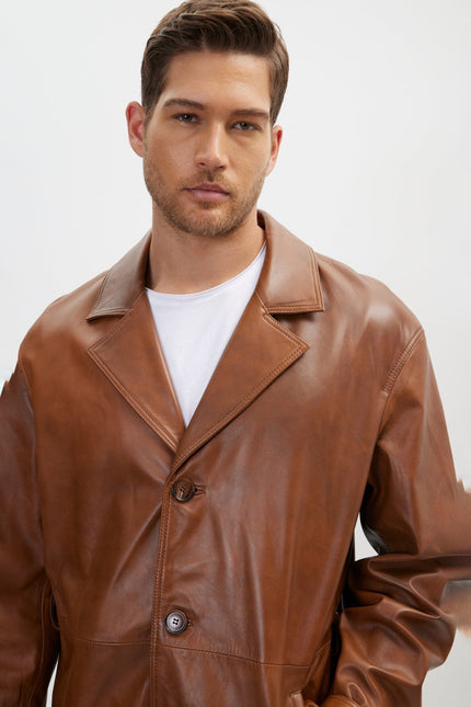 Men's Belted Leather Trench Coat - Cognac | Ron Tomson